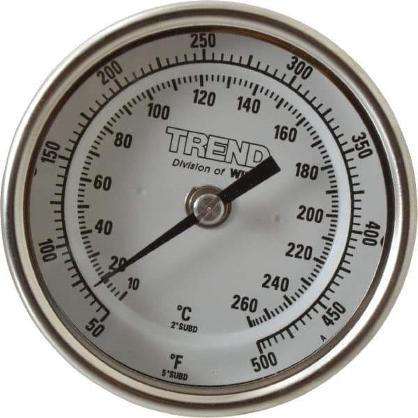 Wika - 9 Inch Long Stem, 3 Inch Dial Diameter, Stainless Steel, Back Connected Bi-Metal Thermometer - 10 to 260°C, 1% Accuracy - Exact Industrial Supply