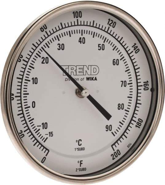 Wika - 2-1/2 Inch Long Stem, 5 Inch Dial Diameter, Stainless Steel, Back Connected Bi-Metal Thermometer - -15 to 90°C, 1% Accuracy - Exact Industrial Supply