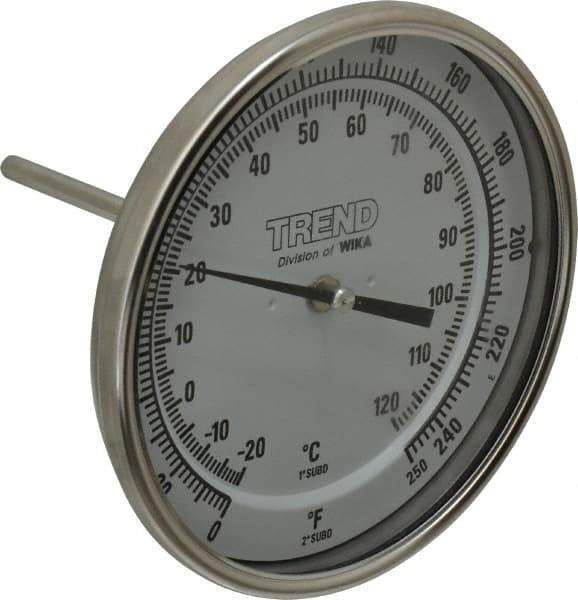 Wika - 4 Inch Long Stem, 5 Inch Dial Diameter, Stainless Steel, Back Connected Bi-Metal Thermometer - -20 to 120°C, 1% Accuracy - Exact Industrial Supply