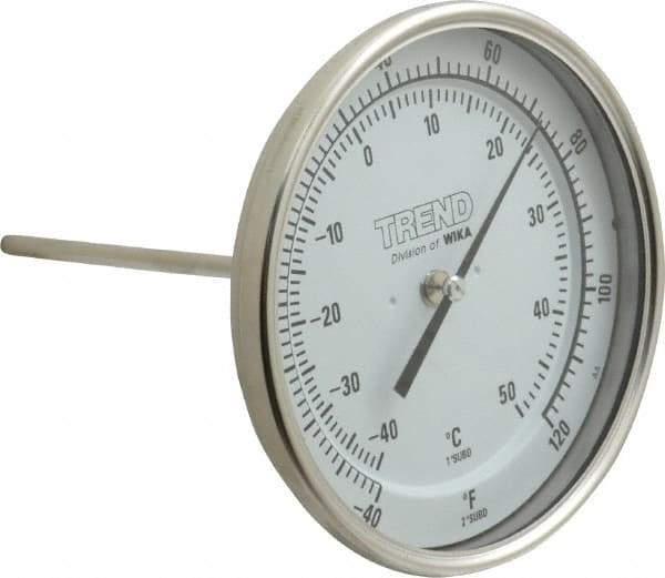 Wika - 6 Inch Long Stem, 5 Inch Dial Diameter, Stainless Steel, Back Connected Bi-Metal Thermometer - -40 to 50°C, 1% Accuracy - Exact Industrial Supply