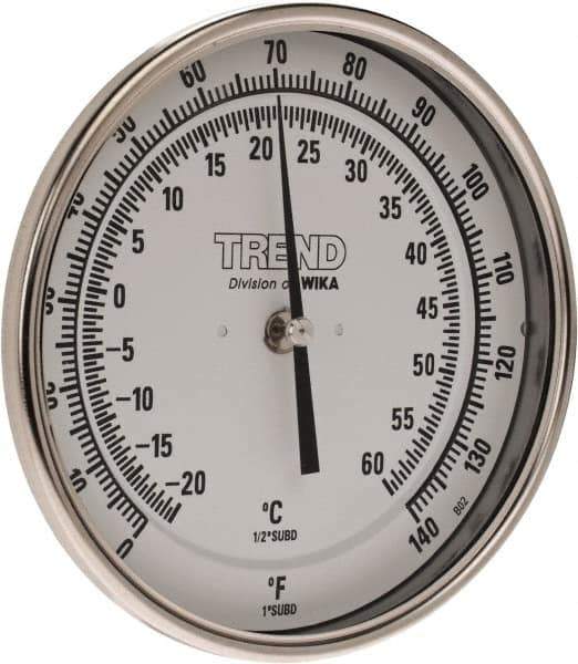 Wika - 6 Inch Long Stem, 5 Inch Dial Diameter, Stainless Steel, Back Connected Bi-Metal Thermometer - -20 to 60°C, 1% Accuracy - Exact Industrial Supply