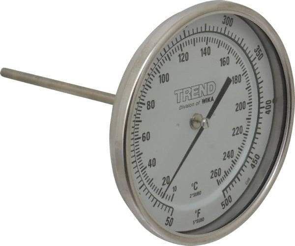 Wika - 6 Inch Long Stem, 5 Inch Dial Diameter, Stainless Steel, Back Connected Bi-Metal Thermometer - 10 to 260°C, 1% Accuracy - Exact Industrial Supply