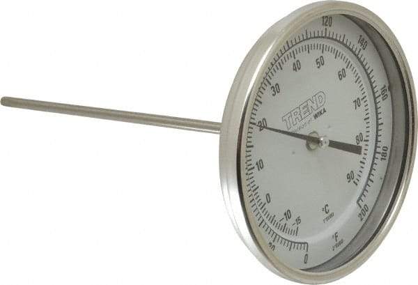 Wika - 9 Inch Long Stem, 5 Inch Dial Diameter, Stainless Steel, Back Connected Bi-Metal Thermometer - -15 to 90°C, 1% Accuracy - Exact Industrial Supply