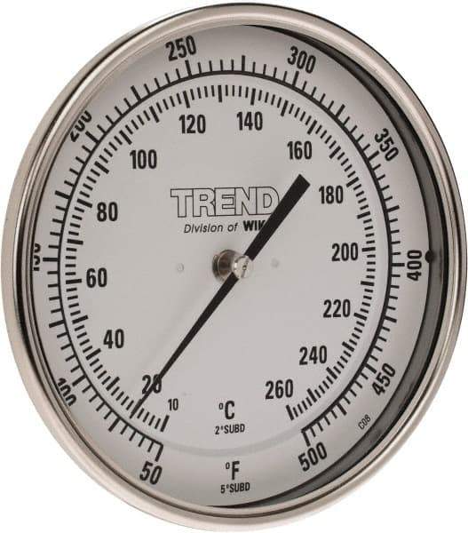 Wika - 9 Inch Long Stem, 5 Inch Dial Diameter, Stainless Steel, Back Connected Bi-Metal Thermometer - 10 to 260°C, 1% Accuracy - Exact Industrial Supply