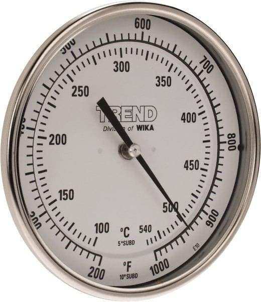 Wika - 9 Inch Long Stem, 5 Inch Dial Diameter, Stainless Steel, Back Connected Bi-Metal Thermometer - 100 to 540°C, 1% Accuracy - Exact Industrial Supply
