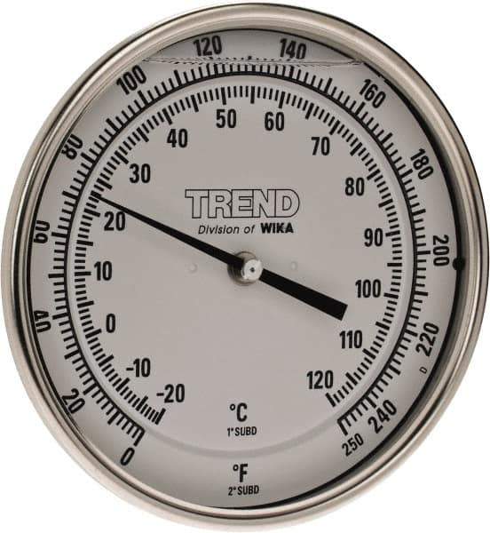 Wika - 2-1/2 Inch Long Stem, 5 Inch Dial Diameter, Stainless Steel, Back Connected Bi-Metal Thermometer - -20 to 120°C, 1% Accuracy - Exact Industrial Supply
