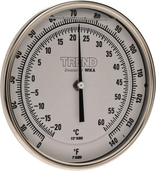 Wika - 4 Inch Long Stem, 5 Inch Dial Diameter, Stainless Steel, Back Connected Bi-Metal Thermometer - -20 to 60°C, 1% Accuracy - Exact Industrial Supply