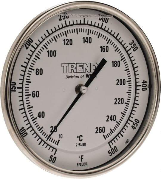 Wika - 4 Inch Long Stem, 5 Inch Dial Diameter, Stainless Steel, Back Connected Bi-Metal Thermometer - 10 to 260°C, 1% Accuracy - Exact Industrial Supply
