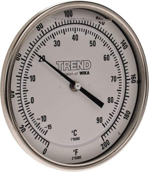 Wika - 6 Inch Long Stem, 5 Inch Dial Diameter, Stainless Steel, Back Connected Bi-Metal Thermometer - -15 to 90°C, 1% Accuracy - Exact Industrial Supply