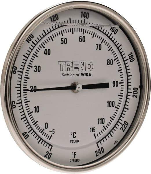 Wika - 6 Inch Long Stem, 5 Inch Dial Diameter, Stainless Steel, Back Connected Bi-Metal Thermometer - -5 to 115°C, 1% Accuracy - Exact Industrial Supply