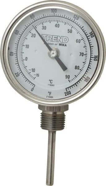 Wika - 2-1/2 Inch Long Stem, 3 Inch Dial Diameter, Stainless Steel, Bottom Connected Bi-Metal Thermometer - -15 to 90°C, 1% Accuracy - Exact Industrial Supply