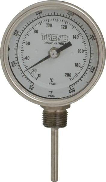 Wika - 2-1/2 Inch Long Stem, 3 Inch Dial Diameter, Stainless Steel, Bottom Connected Bi-Metal Thermometer - 10 to 200°C, 1% Accuracy - Exact Industrial Supply