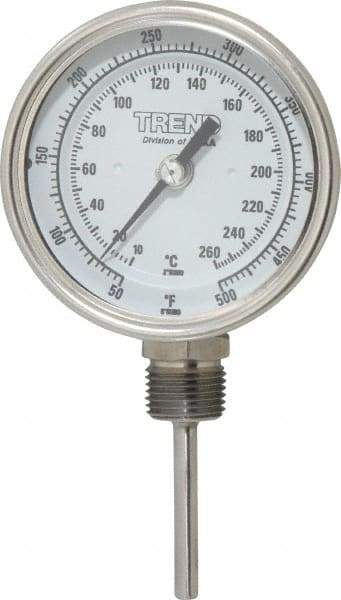 Wika - 2-1/2 Inch Long Stem, 3 Inch Dial Diameter, Stainless Steel, Bottom Connected Bi-Metal Thermometer - 10 to 260°C, 1% Accuracy - Exact Industrial Supply