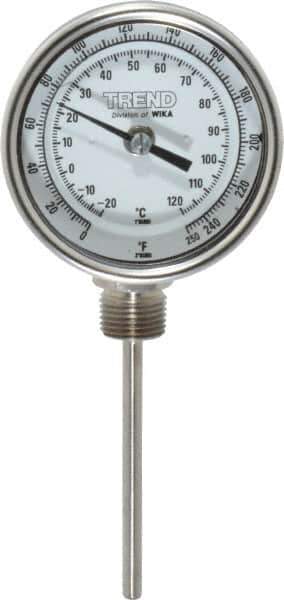 Wika - 4 Inch Long Stem, 3 Inch Dial Diameter, Stainless Steel, Bottom Connected Bi-Metal Thermometer - -20 to 120°C, 1% Accuracy - Exact Industrial Supply