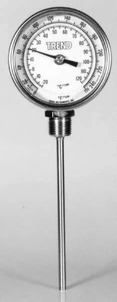 Wika - 12 Inch Long Stem, Stainless Steel, Bottom Connected Bi-Metal Thermometer - 10 to 260°C, 1% Accuracy - Exact Industrial Supply