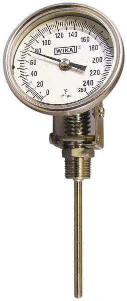 Wika - 15 Inch Long Stem, Stainless Steel, Back Connected Bi-Metal Thermometer - 10 to 260°C, 1% Accuracy - Exact Industrial Supply