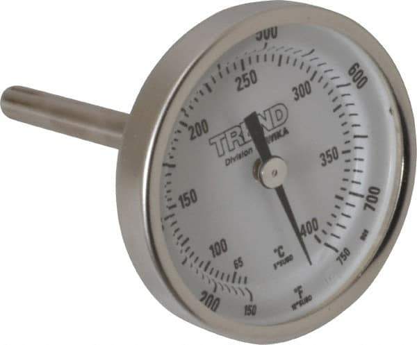 Wika - 2-1/2 Inch Long Stem, 2 Inch Dial Diameter, Stainless Steel, Back Connected Bi-Metal Thermometer - 65 to 400°C, 1% Accuracy - Exact Industrial Supply