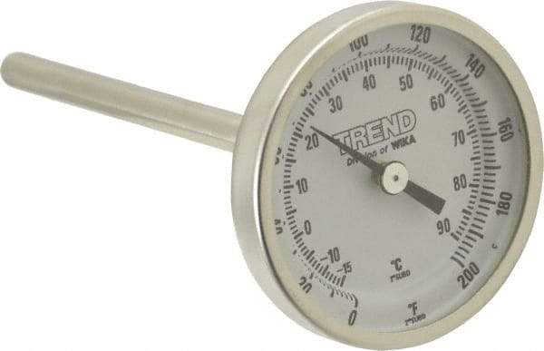 Wika - 4 Inch Long Stem, 2 Inch Dial Diameter, Stainless Steel, Back Connected Bi-Metal Thermometer - -15 to 90°C, 1% Accuracy - Exact Industrial Supply