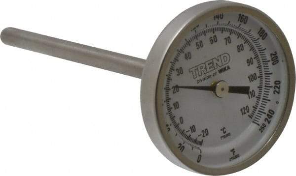 Wika - 4 Inch Long Stem, 2 Inch Dial Diameter, Stainless Steel, Back Connected Bi-Metal Thermometer - -20 to 120°C, 1% Accuracy - Exact Industrial Supply