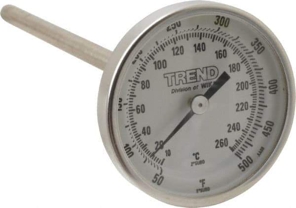 Wika - 6 Inch Long Stem, 2 Inch Dial Diameter, Stainless Steel, Back Connected Bi-Metal Thermometer - 10 to 260°C, 1% Accuracy - Exact Industrial Supply