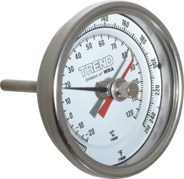Wika - 2-1/2 Inch Long Stem, 3 Inch Dial Diameter, Stainless Steel, Back Connected Bi-Metal Thermometer - -20 to 120°C, 1% Accuracy - Exact Industrial Supply