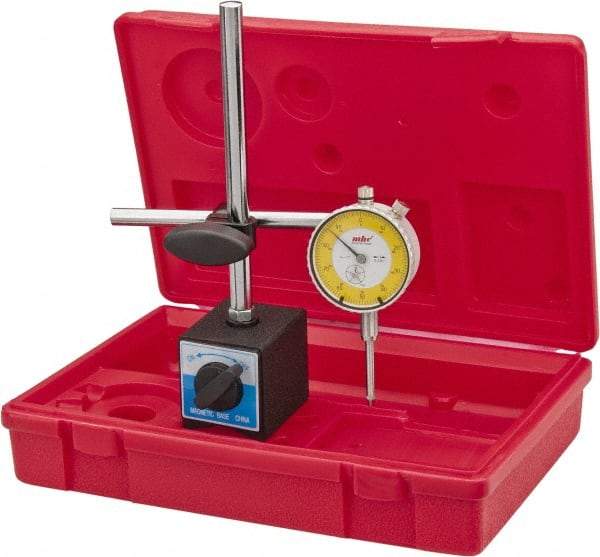 Value Collection - 0.001" Graduation, 0-100 Dial Reading, Dial Indicator & Base Kit - 55mm Base Length x 50mm Base Width x 63mm Base Height, 2-9/32" Dial Diam - Exact Industrial Supply