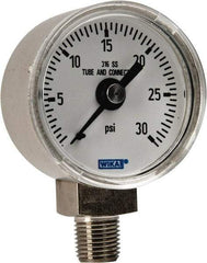 Wika - 1-1/2" Dial, 1/8 Thread, 0-30 Scale Range, Pressure Gauge - Lower Connection Mount, Accurate to 2.5% of Scale - Exact Industrial Supply