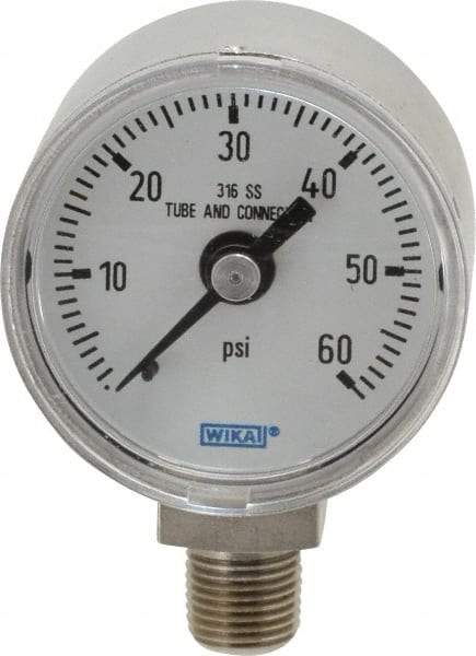 Wika - 1-1/2" Dial, 1/8 Thread, 0-60 Scale Range, Pressure Gauge - Lower Connection Mount, Accurate to 2.5% of Scale - Exact Industrial Supply