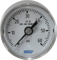 Wika - 1-1/2" Dial, 1/8 Thread, 0-60 Scale Range, Pressure Gauge - Center Back Connection Mount, Accurate to 2.5% of Scale - Exact Industrial Supply