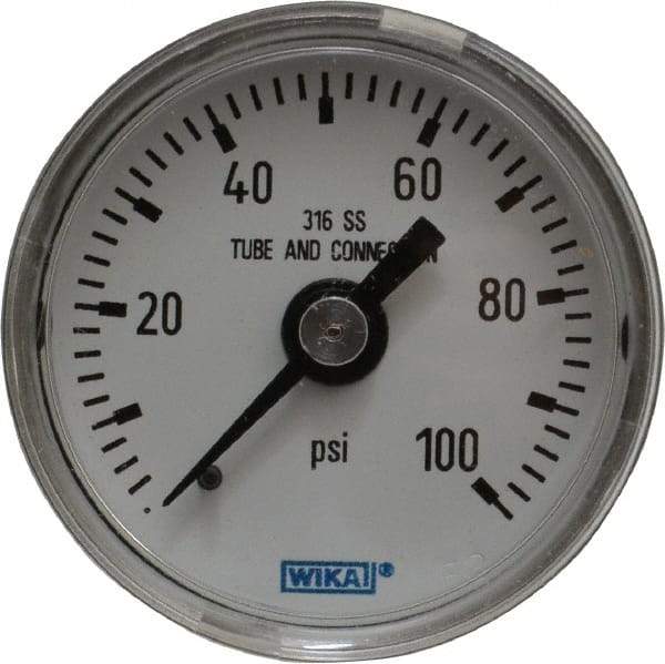 Wika - 1-1/2" Dial, 1/8 Thread, 0-100 Scale Range, Pressure Gauge - Center Back Connection Mount, Accurate to 2.5% of Scale - Exact Industrial Supply