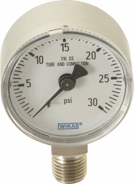 Wika - 2" Dial, 1/4 Thread, 0-30 Scale Range, Pressure Gauge - Lower Connection Mount, Accurate to 2.5% of Scale - Exact Industrial Supply