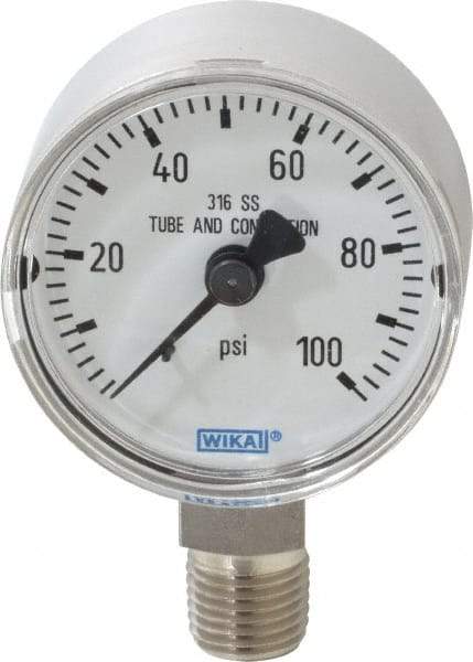Wika - 2" Dial, 1/4 Thread, 0-100 Scale Range, Pressure Gauge - Lower Connection Mount, Accurate to 2.5% of Scale - Exact Industrial Supply