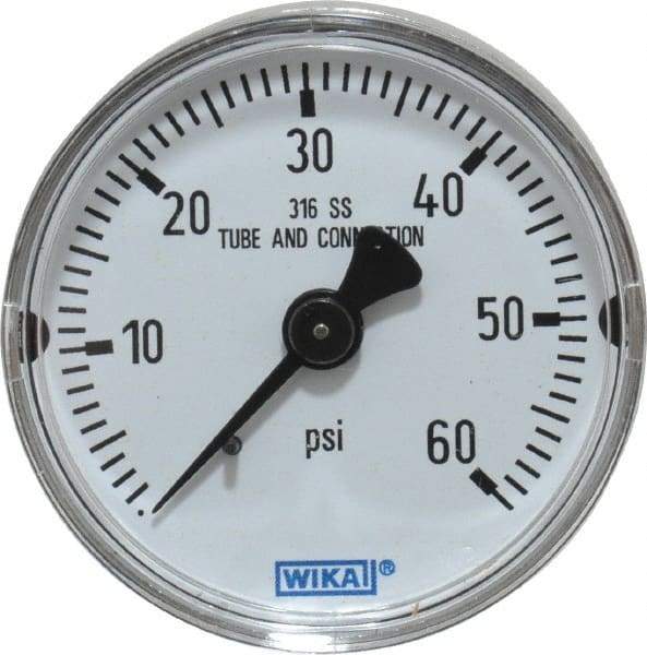 Wika - 2" Dial, 1/4 Thread, 0-60 Scale Range, Pressure Gauge - Center Back Connection Mount, Accurate to 2.5% of Scale - Exact Industrial Supply