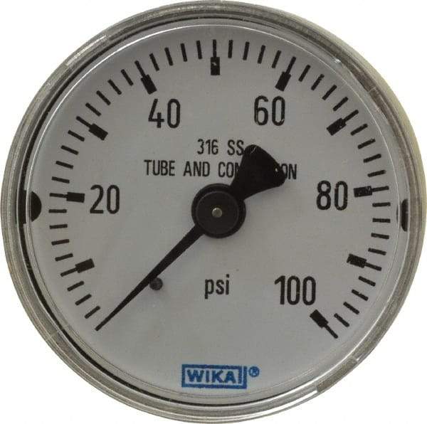 Wika - 2" Dial, 1/4 Thread, 0-100 Scale Range, Pressure Gauge - Center Back Connection Mount, Accurate to 2.5% of Scale - Exact Industrial Supply