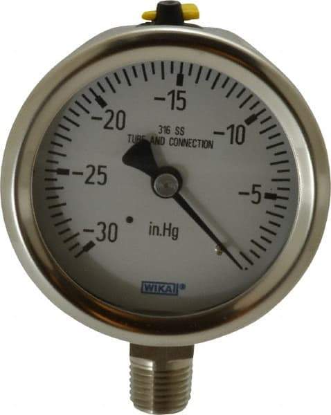 Wika - 2-1/2" Dial, 1/4 Thread, 30-0 Scale Range, Pressure Gauge - Lower Connection Mount, Accurate to 1.5% of Scale - Exact Industrial Supply