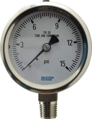 Wika - 2-1/2" Dial, 1/4 Thread, 0-15 Scale Range, Pressure Gauge - Lower Connection Mount, Accurate to 1.5% of Scale - Exact Industrial Supply