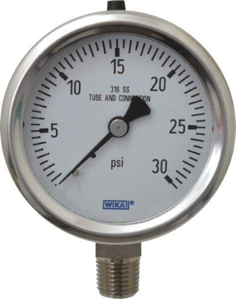 Wika - 2-1/2" Dial, 1/4 Thread, 0-30 Scale Range, Pressure Gauge - Lower Connection Mount, Accurate to 1.5% of Scale - Exact Industrial Supply