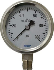 Wika - 2-1/2" Dial, 1/4 Thread, 0-100 Scale Range, Pressure Gauge - Lower Connection Mount, Accurate to 1.5% of Scale - Exact Industrial Supply