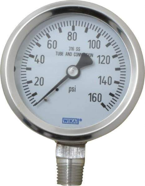 Wika - 2-1/2" Dial, 1/4 Thread, 0-160 Scale Range, Pressure Gauge - Lower Connection Mount, Accurate to 1.5% of Scale - Exact Industrial Supply