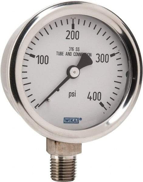 Wika - 2-1/2" Dial, 1/4 Thread, 0-400 Scale Range, Pressure Gauge - Lower Connection Mount, Accurate to 1.5% of Scale - Exact Industrial Supply