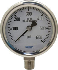Wika - 2-1/2" Dial, 1/4 Thread, 0-600 Scale Range, Pressure Gauge - Lower Connection Mount, Accurate to 1.5% of Scale - Exact Industrial Supply