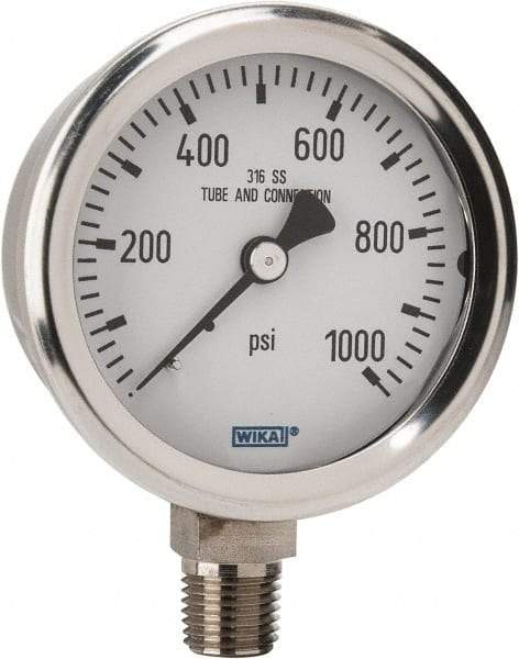 Wika - 2-1/2" Dial, 1/4 Thread, 0-1,000 Scale Range, Pressure Gauge - Lower Connection Mount, Accurate to 1.5% of Scale - Exact Industrial Supply