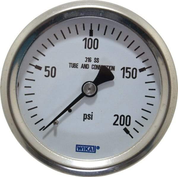 Wika - 2-1/2" Dial, 1/4 Thread, 0-200 Scale Range, Pressure Gauge - Center Back Connection Mount, Accurate to 1.5% of Scale - Exact Industrial Supply