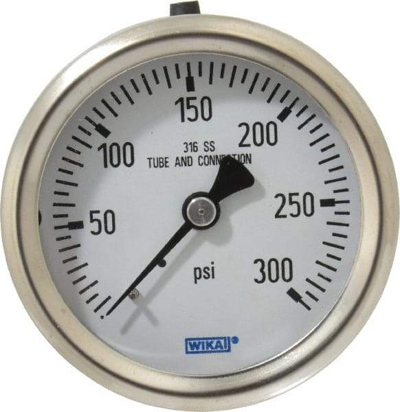 Wika - 2-1/2" Dial, 1/4 Thread, 0-300 Scale Range, Pressure Gauge - Center Back Connection Mount, Accurate to 1.5% of Scale - Exact Industrial Supply