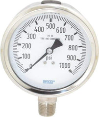 Wika - 4" Dial, 1/2 Thread, 0-1,000 Scale Range, Pressure Gauge - Lower Connection Mount, Accurate to 1% of Scale - Exact Industrial Supply