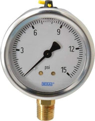 Wika - 2-1/2" Dial, 1/4 Thread, 0-15 Scale Range, Pressure Gauge - Lower Connection Mount, Accurate to 1.5% of Scale - Exact Industrial Supply