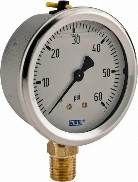 Wika - 2-1/2" Dial, 1/4 Thread, 0-60 Scale Range, Pressure Gauge - Lower Connection Mount, Accurate to 1.5% of Scale - Exact Industrial Supply