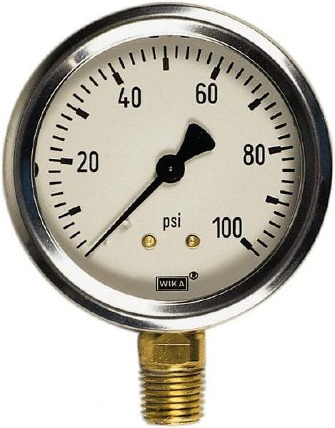 Wika - 4" Dial, 1/2 Thread, 30-0-15 Scale Range, Pressure Gauge - Lower Connection Mount, Accurate to 1% of Scale - Exact Industrial Supply