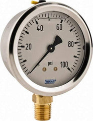 Wika - 2-1/2" Dial, 1/4 Thread, 0-100 Scale Range, Pressure Gauge - Lower Connection Mount, Accurate to 2-1-2% of Scale - Exact Industrial Supply