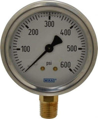 Wika - 2-1/2" Dial, 1/4 Thread, 0-600 Scale Range, Pressure Gauge - Lower Connection Mount, Accurate to 1.5% of Scale - Exact Industrial Supply